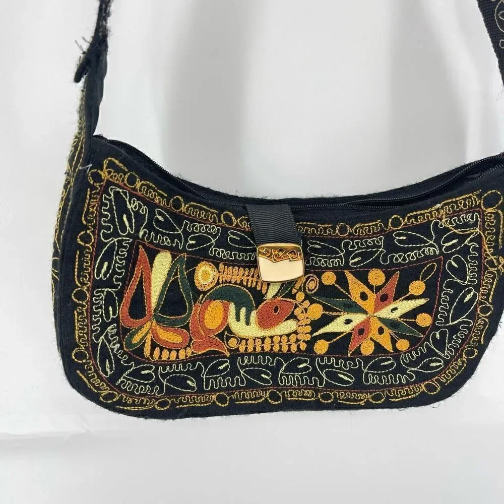 Womens Boho Bag Embroidered Handbag Purse handmade Black Multicolor